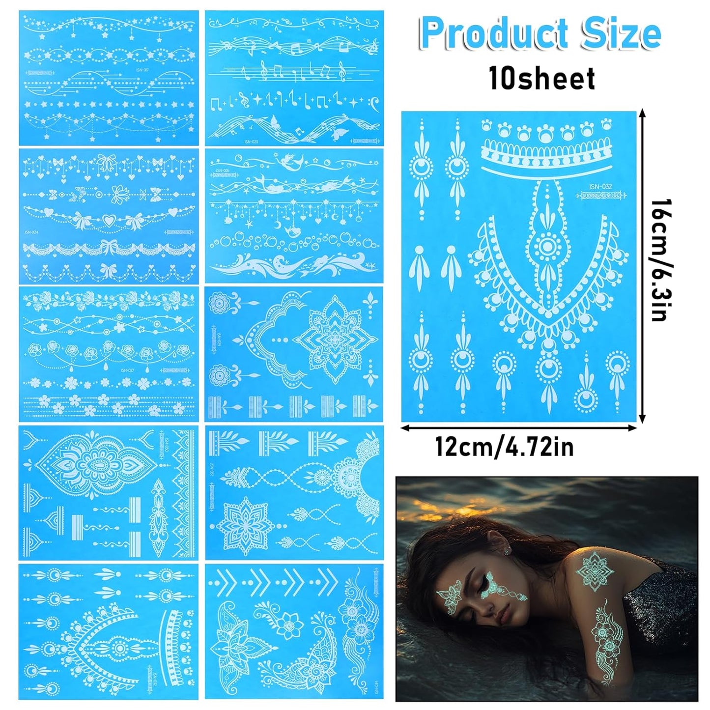 Blue Glow-in-the-Dark Temporary Tattoo Stickers