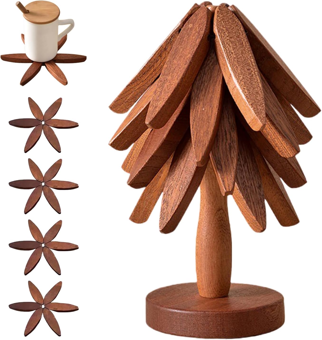 ✨Natural Tree Trivet Set - 4 bambooTrivets & 1 Stand Like a Christmas Tree