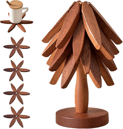 ✨Natural Tree Trivet Set - 4 bambooTrivets & 1 Stand Like a Christmas Tree