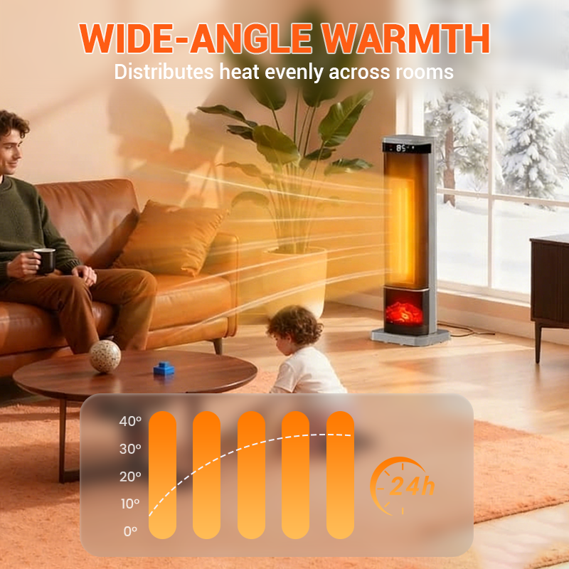 Indoor heater, adjustable thermostat with remote control, tip-over protection