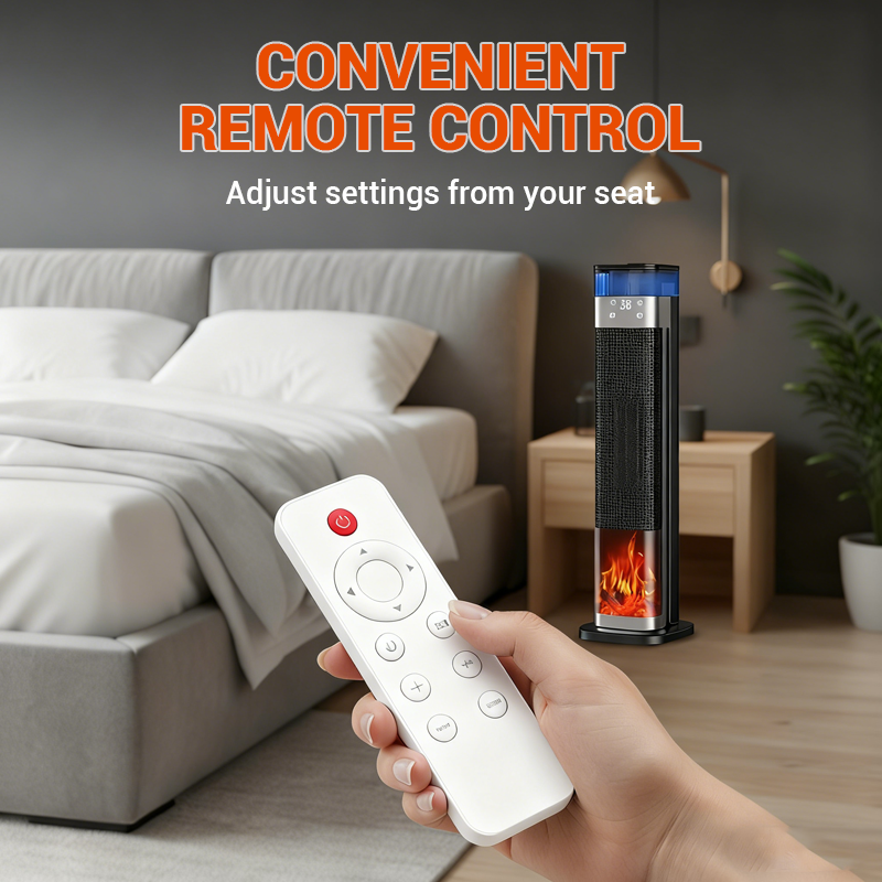 Indoor heater, adjustable thermostat with remote control, tip-over protection